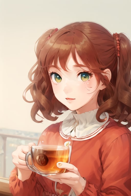 girl, bobcut, red dress, cafe, drink tea,best quality,masterpiece