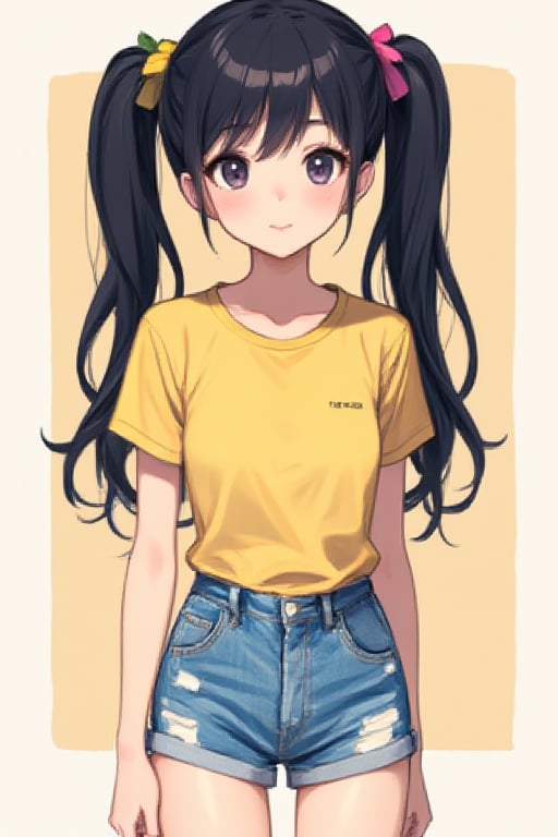 anime, girl, black hair, twintails, yellow t-shirt, denim shorts, pastel color