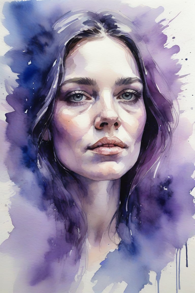 Generate a portrait using deep blue, violet, and soft lavender to express reflective melancholy. Impressionism. Watercolor. Use soft washes, loose brushstrokes, and blending to create a gentle, melancholic atmosphere, use subtle color variations and light effects to convey introspective emotions