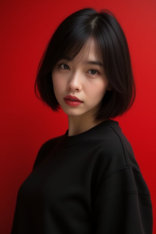 photo of beautiful girl, a woman with perfect short hair, bob haircut, wearing (black sweatshirt:1.1), ((Dual Kawaii:1.1)), (plain red background:1.1), (happy:1.2), modelshoot style, (extremely detailed CG unity 8k wallpaper), professional majestic (photography by tim walker:1.1), (Canon EOS M6 Mark II Mirrorless Camera), 24mm, exposure blend, hdr, faded, extremely intricate, High (Detail:1.1), Sharp focus, dramatic, soft cinematic light, (upper body), (looking at viewer), (detailed pupils), 24mm, 4k textures, soft cinematic light, adobe lightroom, photolab, elegant, ((((cinematic look)))), soothing tones, insane details, hyperdetailed, low contrast