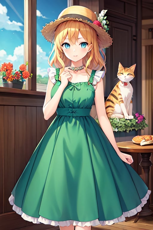 girl, strawhat, dress, home, flowers, cat, anime style, best quality,masterpiece