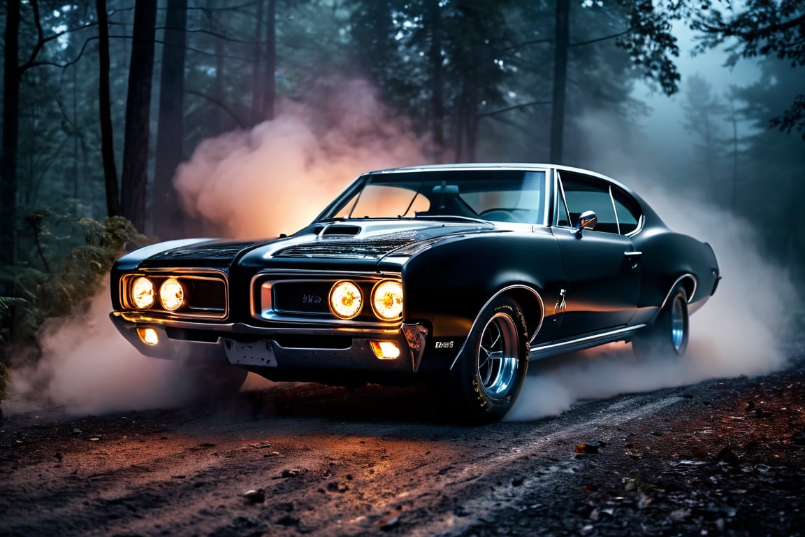 car photography, black Pontiac gto 1967 side drifting in forest foggy night headlights on, with an explosion of a nebula, 8k, 4k, detailed, attractive, beautiful, impressive, photorealistic, realistic, cinematic composition, volumetric lighting, high-resolution, vivid, detailed, stunning, professional, lifelike, crisp, flawless, DSLR, 4k, 8k, 16k, 1024, 2048, 4096, detailed, sharp, best quality, high quality, highres, absurdres, maximum detail, hard rim lighting photography, hyper realism, high detail, 8k, HDR, UHD