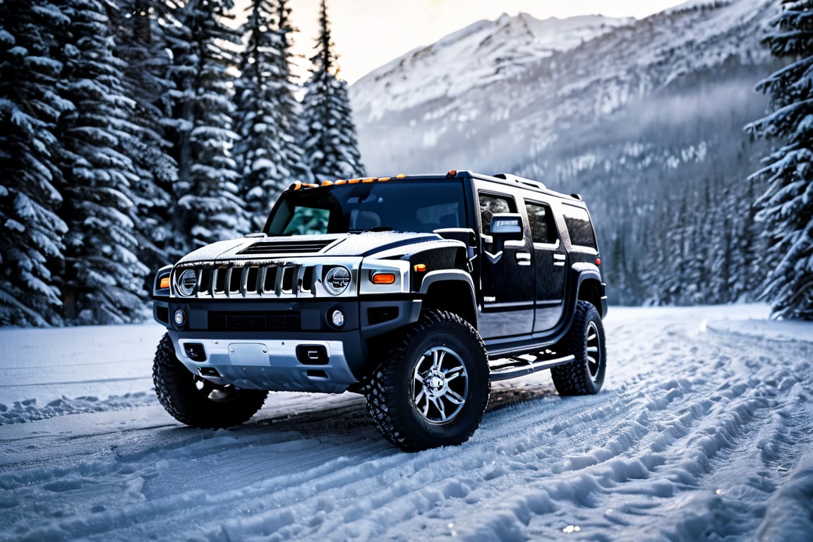 car photography, hummer vehicle (good composition), centered, 8k, 4k, detailed, attractive, beautiful, impressive, photorealistic, realistic, cinematic composition, volumetric lighting, high-resolution, vivid, detailed, stunning, professional, lifelike, crisp, flawless, DSLR, 4k, 8k, 16k, 1024, 2048, 4096, detailed, sharp, best quality, high quality, highres, absurdres, maximum detail, hard rim lighting photography, hyper realism, high detail, 8k, HDR, UHD, winter, snow snowfall, outdoors