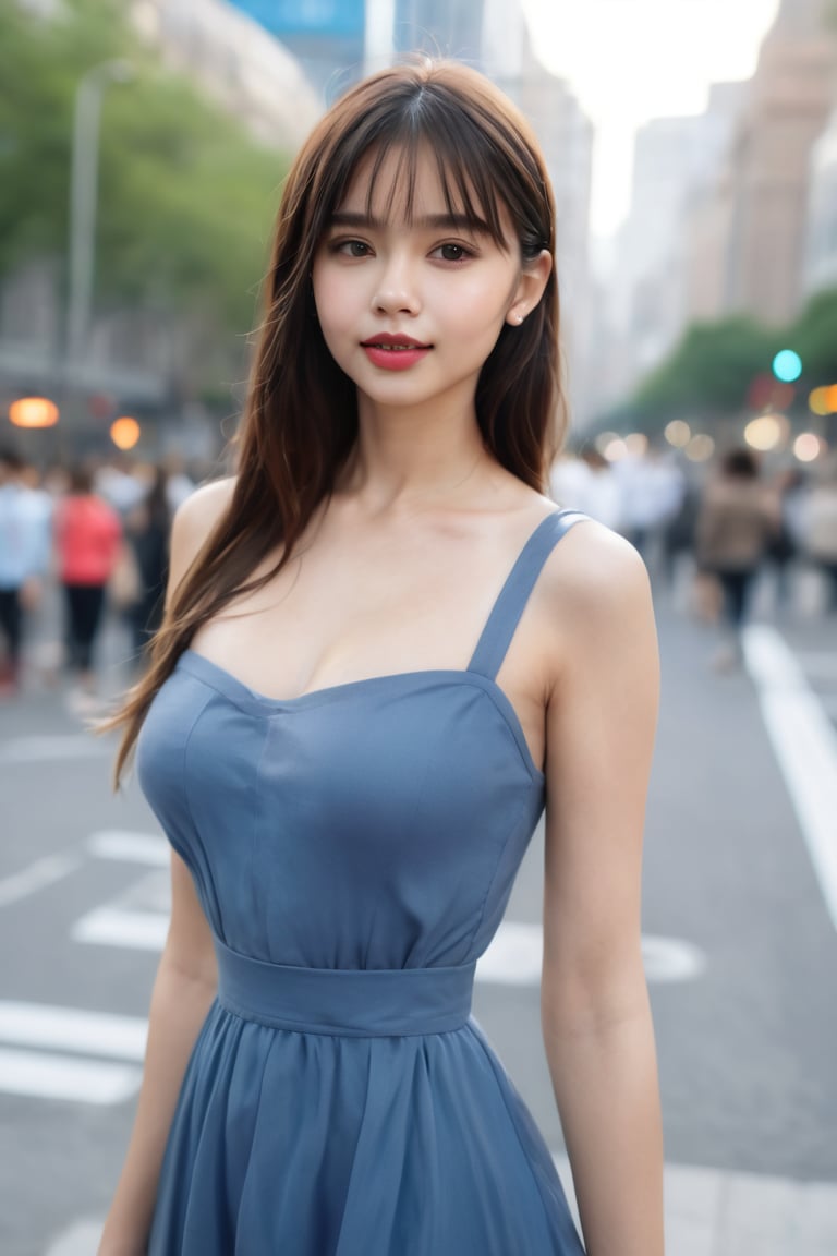 (8 K, RAW photo, Best quality, masterpiece: 1.2), (realistic, realistic: 1.37), 1 girl, mature, dress, portrait, city background, avatar .50 mm lens 