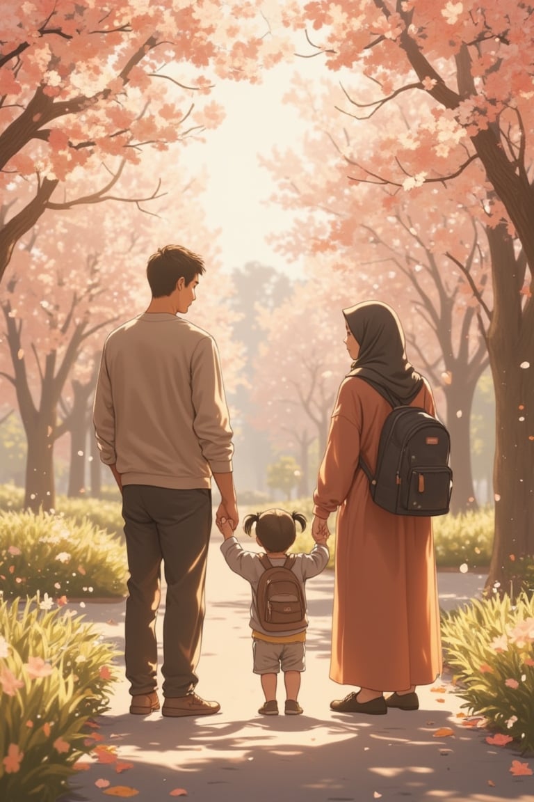 A serene family scene by Makoto Shinkai, featuring a man and a hijab-wearing woman holding hands, standing in a picturesque park. A young 4-year-old preschool boy with a backpack stands beside them, looking curious. A 1-year-old toddler girl with two pigtail hair knots sits on the ground, playing with leaves. Soft, warm lighting bathes the scene, with cherry blossoms gently falling in the background. The composition is centered, capturing the family's loving bond.