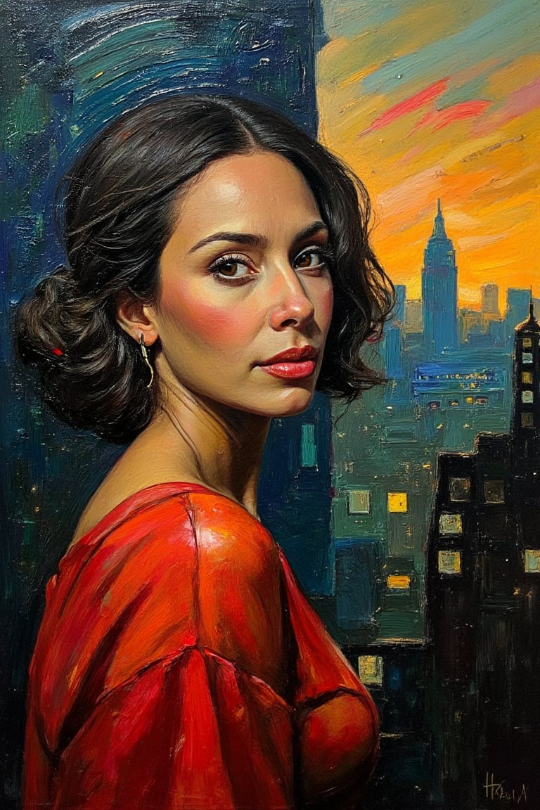 "In an abstract impressionist style, this portrait captures the dynamic, bold impasto brushstrokes with a rich Baroque-inspired color palette. Deep Carmines (for the reds), Ochre Yellows (for warmth), and Prussian Blues (for depth and shadow) dominate the scene, while Olive Greens (for earthy tones) blend with the cityscape setting. The painting is accented with dark Umber for contrast and highlights of bright, luminous Gold. The thick, textured strokes create a dramatic, tactile surface, with intense carmine and gold tones highlighting the figure’s facial features and dress. The background features a cityscape at sunset, where the buildings are rendered in deep, shadowy blues and greens, creating strong contrasts with the lighter, glowing areas illuminated by the setting sun. The overall composition evokes the opulence and drama of the Baroque style, infusing the urban setting with bold contrasts and rich textures. The impasto technique and layered colors add depth and movement, inviting viewers to explore the tension between the tranquil portrait and the intense, expressive color contrasts of the sunset and city backdrop."