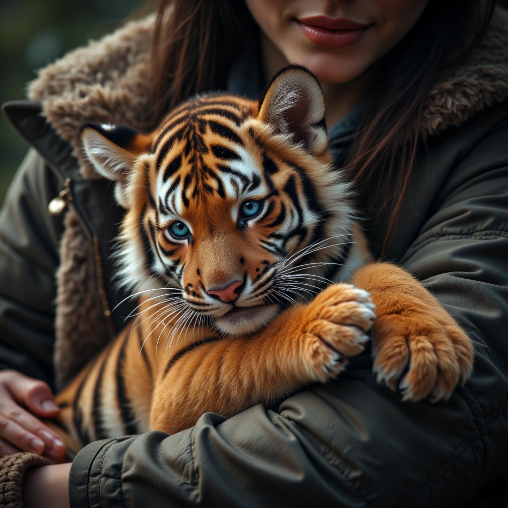 realistic photo ,A little tiger tightly hugs a womans's arm with its paws,Midjourney_Whisper