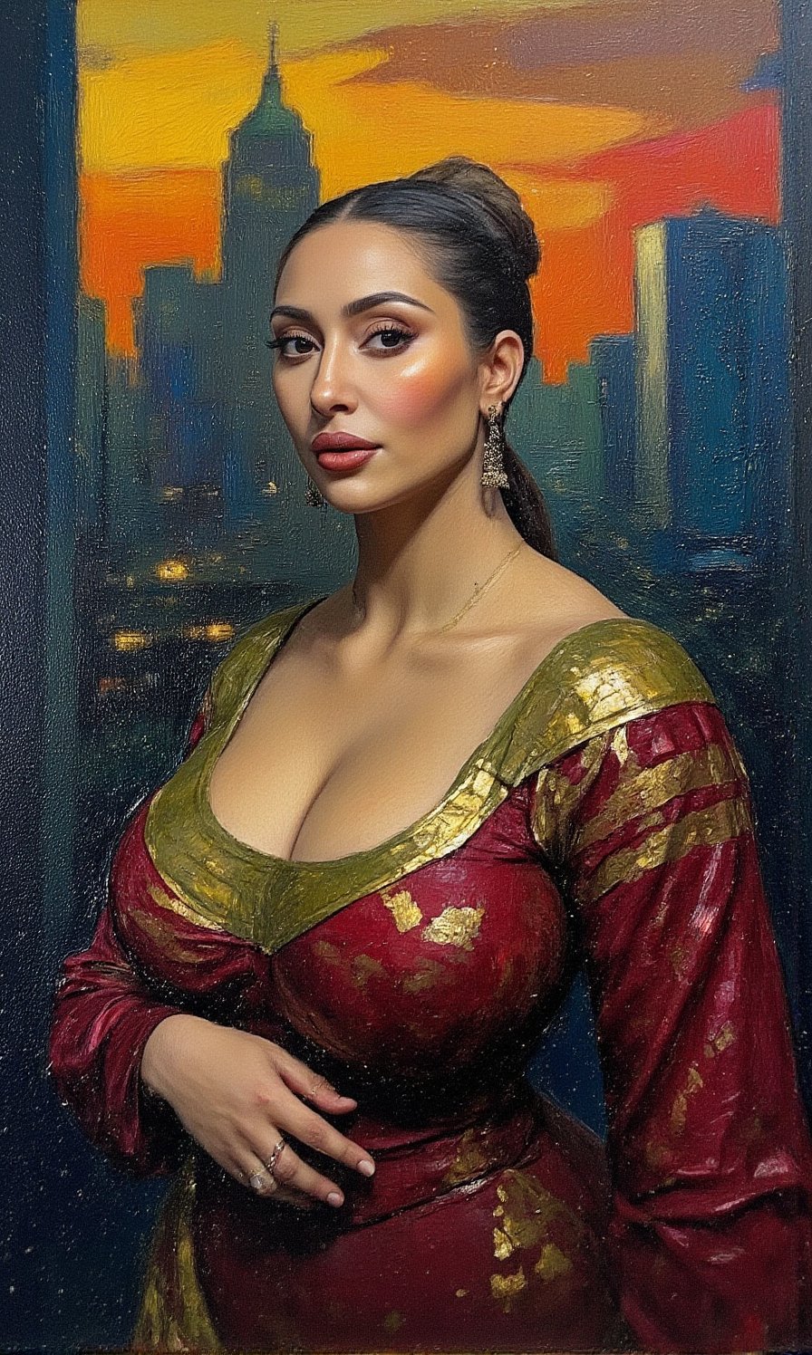 "In an abstract impressionist style, this portrait captures the dynamic, bold impasto brushstrokes with a rich Baroque-inspired color palette. Deep Carmines (for the reds), Ochre Yellows (for warmth), and Prussian Blues (for depth and shadow) dominate the scene, while Olive Greens (for earthy tones) blend with the cityscape setting. The painting is accented with dark Umber for contrast and highlights of bright, luminous Gold. The thick, textured strokes create a dramatic, tactile surface, with intense carmine and gold tones highlighting the figure’s facial features and dress. The background features a cityscape at sunset, where the buildings are rendered in deep, shadowy blues and greens, creating strong contrasts with the lighter, glowing areas illuminated by the setting sun. The overall composition evokes the opulence and drama of the Baroque style, infusing the urban setting with bold contrasts and rich textures. The impasto technique and layered colors add depth and movement, inviting viewers to explore the tension between the tranquil portrait and the intense, expressive color contrasts of the sunset and city backdrop."