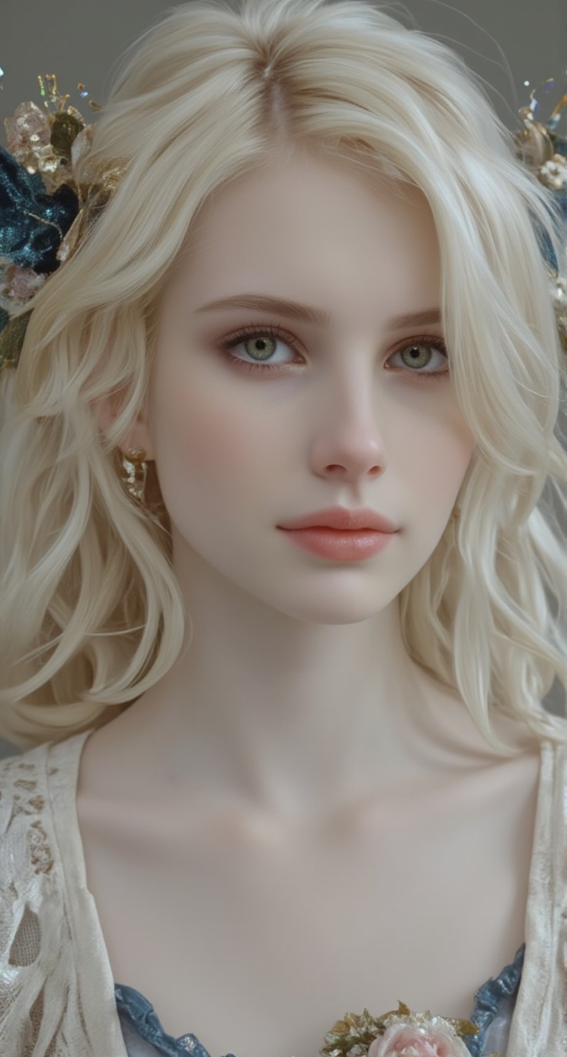 Tall woman with a sandy body who is delicate, innocent and kawaii with long, white, shiny hair. Her skin is white, pale, delicate and her blue veins are visible all over her body. Big grey eyes with long, thick, black eyelashes. The style will be hyperrealistic, rendered and with PBR effects.,emm4roberts