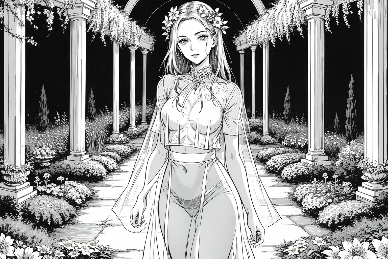 fae female in sheer white top in a garden of flowers, black and white