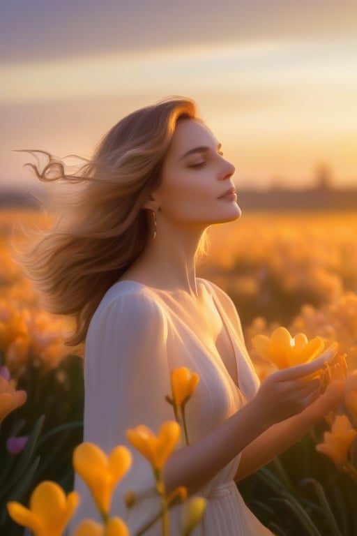 An elegant woman in a field of freesia flowers, with the wind caressing her hair. The light of the evening creates a warm and golden atmosphere A CRYSTAL FASCO THAT HAS FRESIA WRITTEN, BEAUTIFUL ON ITS HAND THAT CONTAINS THE PEFUMEINSIDE