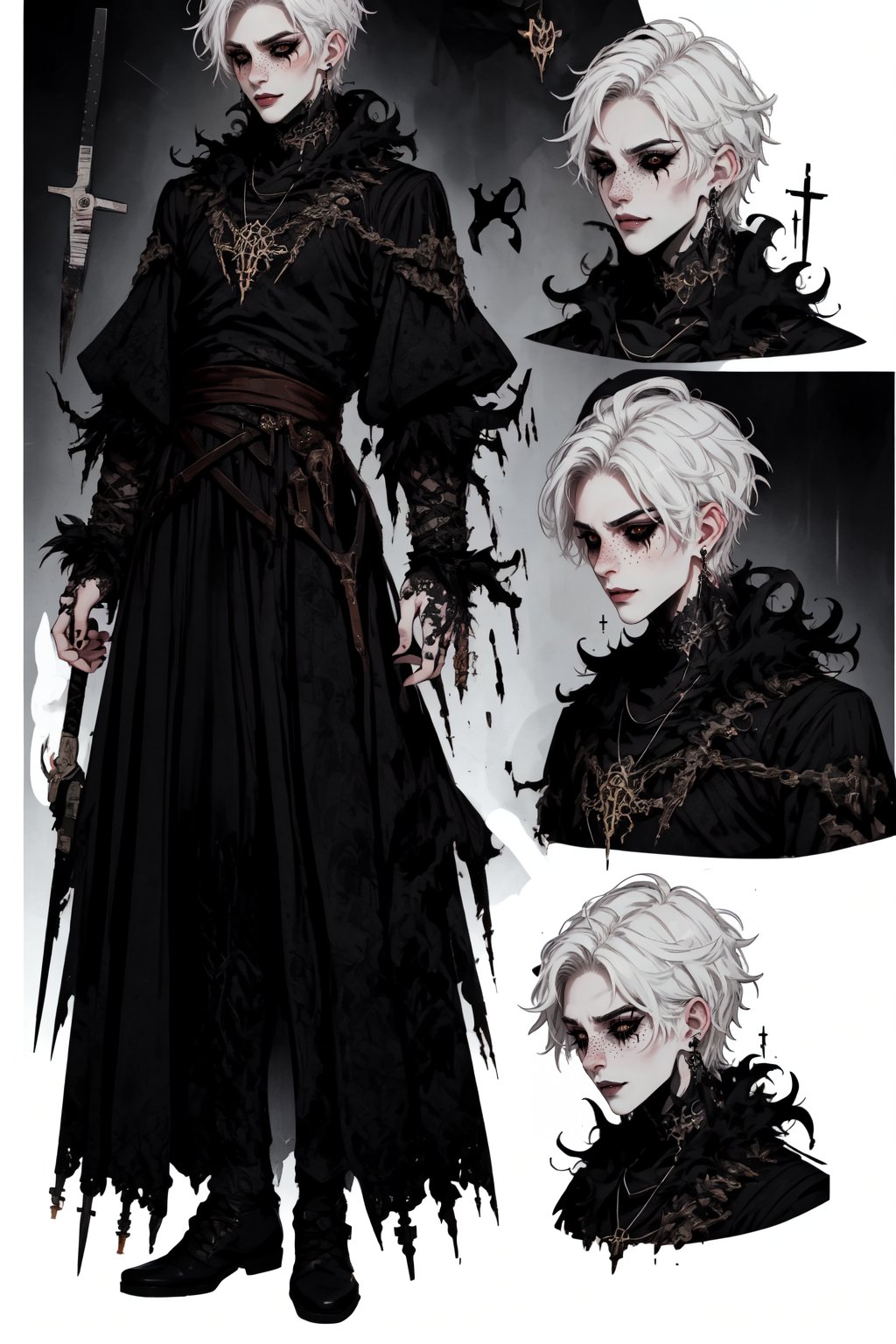  1 man, male face , short white hair, furry ear, twink body, freckles face , kawaii ,perfect light ,fantasy clothing,wrenchftmfshn,Completely_black_eyes,dark_sclera,empty eyes,black sclera , intense smile,(CharacterSheet:1),(multiple views, full body, upper body, reference sheet:1)