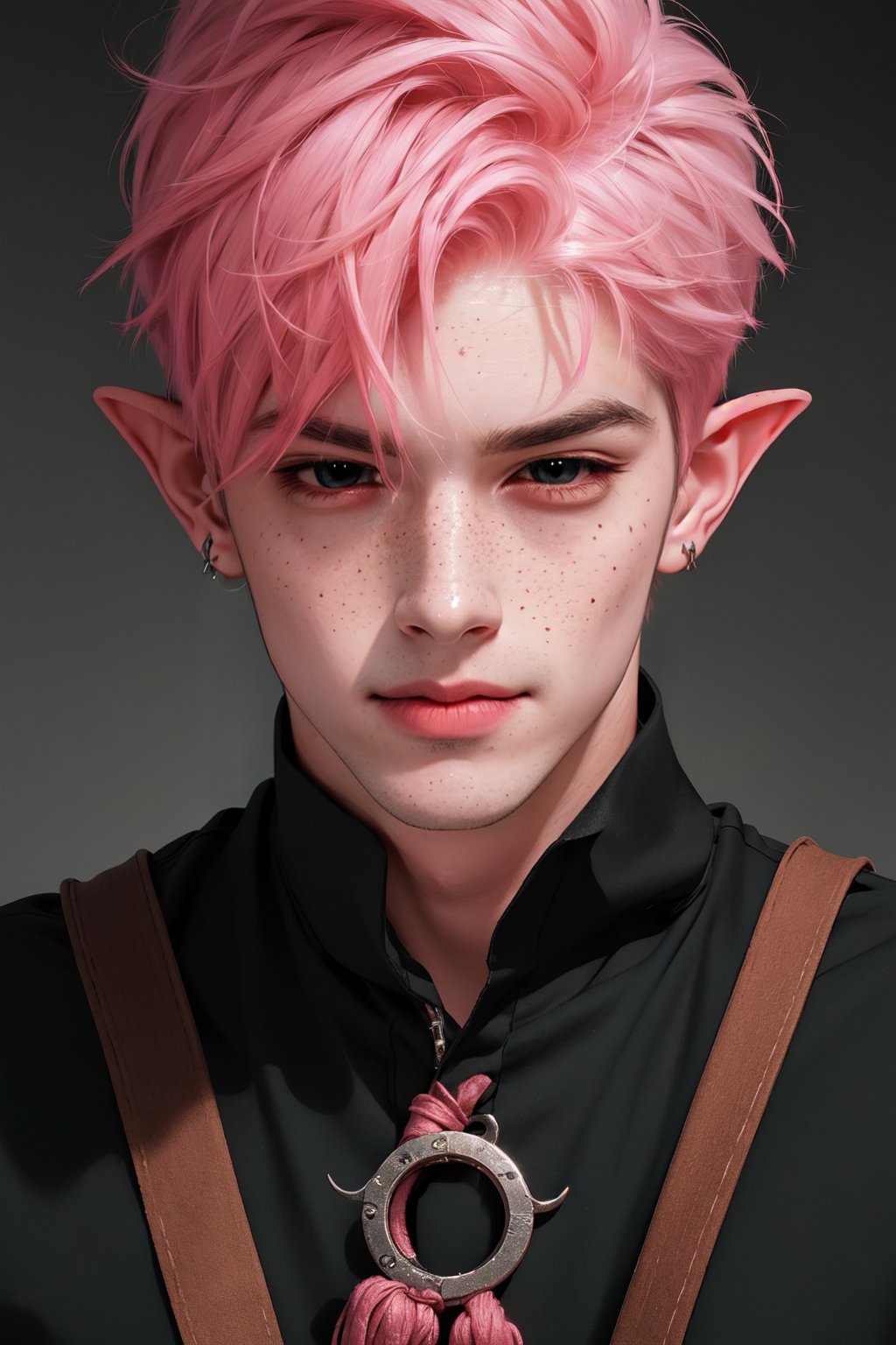  1 man, male face , short pink hair, twink body, freckles face , kawaii ,perfect light , elf ear,fantasy clothing,wrenchftmfshn,Completely_black_eyes,dark_sclera,empty eyes,black sclera , intense smile,