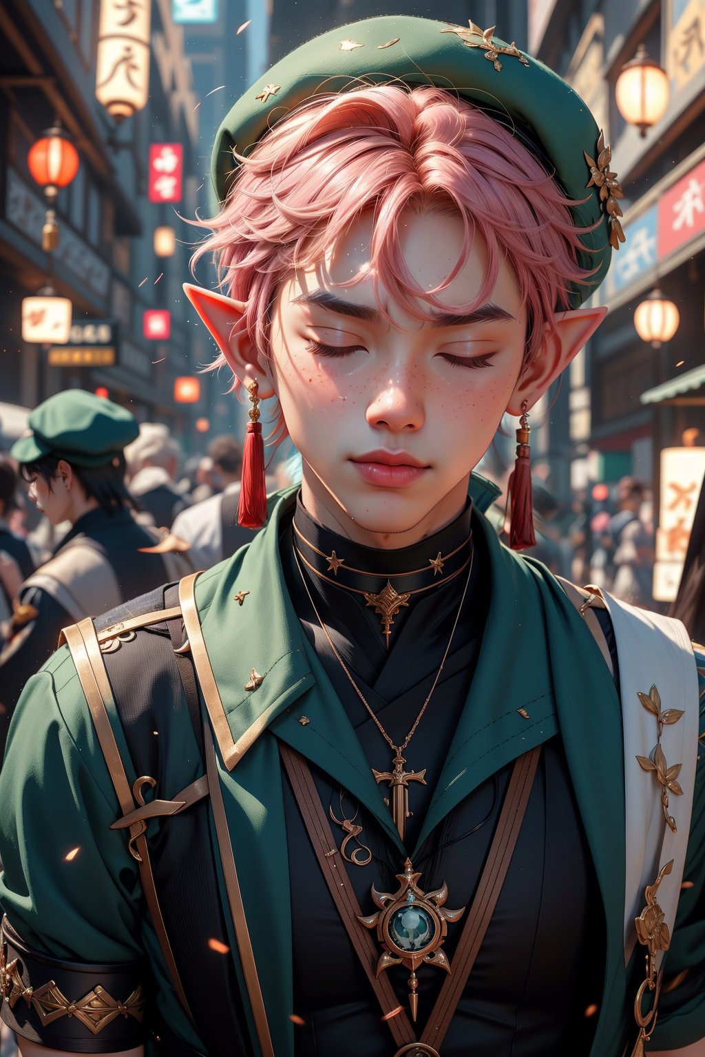 1 man, twink body, closed eyes,short pink hair, freckles face,   , kawaii  , elf ear ,A Asian man  , adorned with a sexy choker,wrenchftmfshn,fantasy clothing,Light particles  , ventidef, beret,venti (genshin impact) , harness, 