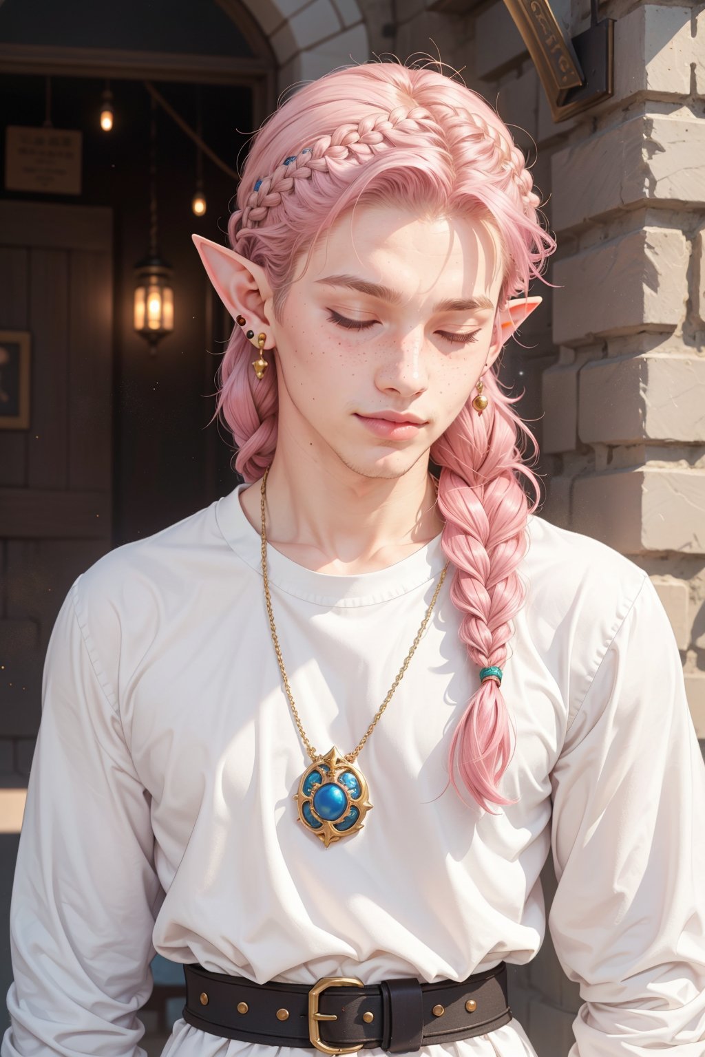  1 man, male face , braid pink hair, twink body, freckles face, makeup eyes,closed eyes  , kawaii ,perfect light , elf ear,fantasy clothing,wrenchftmfshn