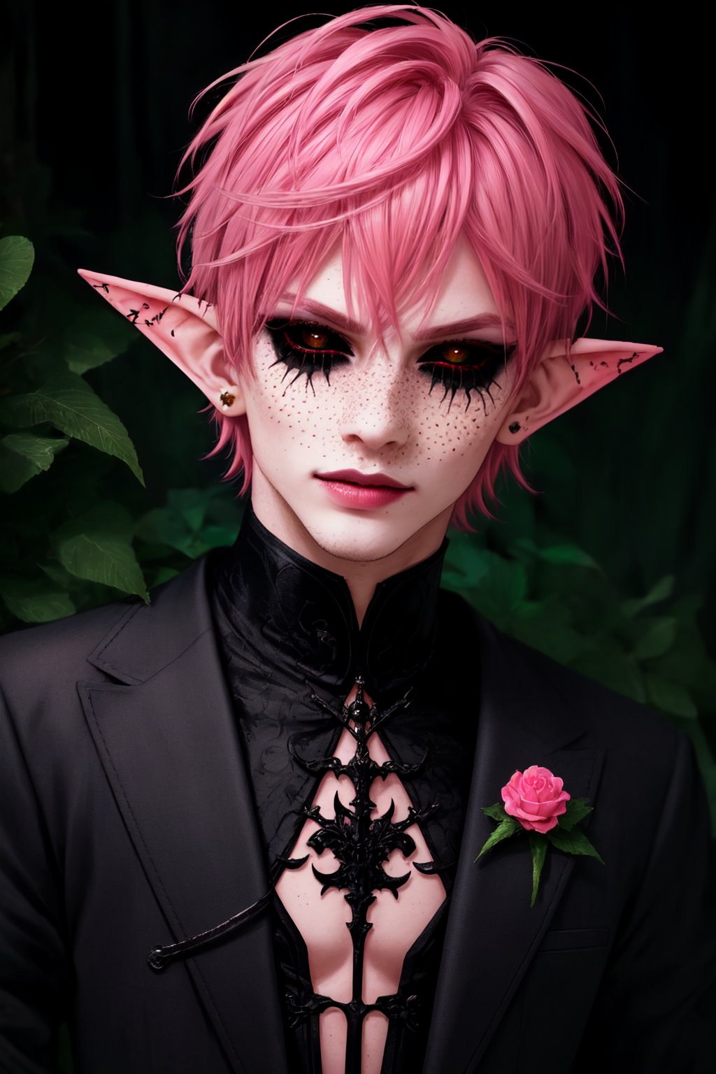  1 man, male face , short pink hair, twink body, freckles face , kawaii ,perfect light , elf ear,fantasy clothing,wrenchftmfshn,Completely_black_eyes,dark_sclera,empty eyes,black sclera , intense smile