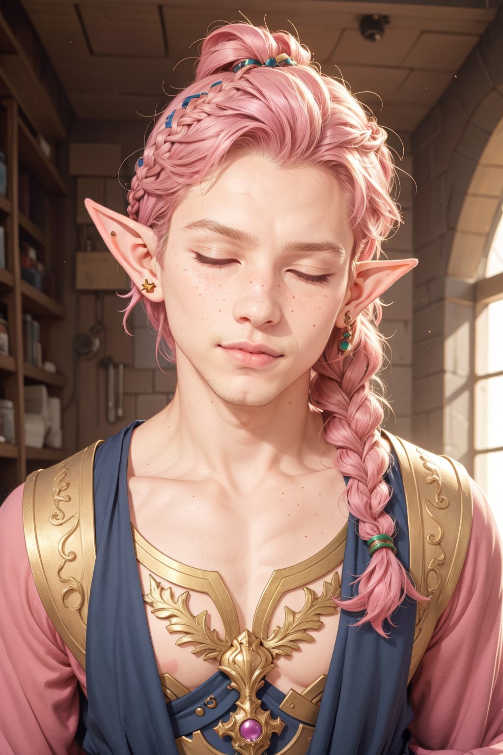  1 man, male face , braid pink hair, twink body, freckles face, makeup eyes,closed eyes  , kawaii ,perfect light , elf ear,fantasy clothing,wrenchftmfshn