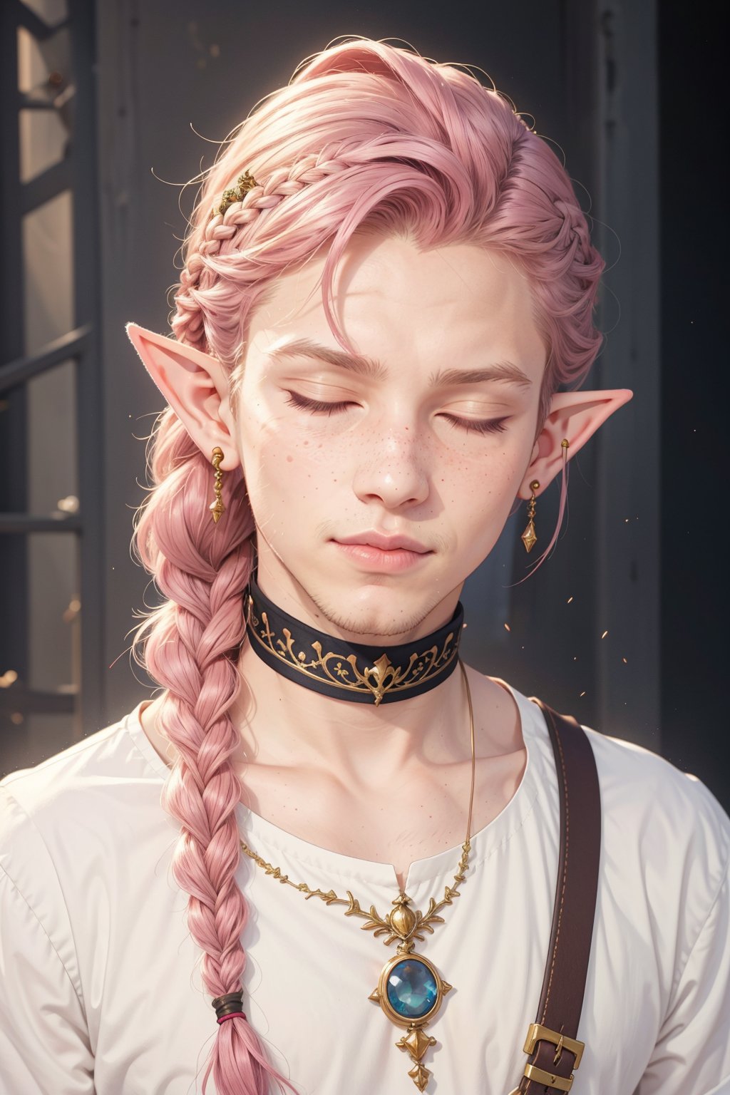  1 man, male face , braid pink hair, twink body, freckles face, makeup eyes,closed eyes  , kawaii ,perfect light , elf ear,fantasy clothing,wrenchftmfshn