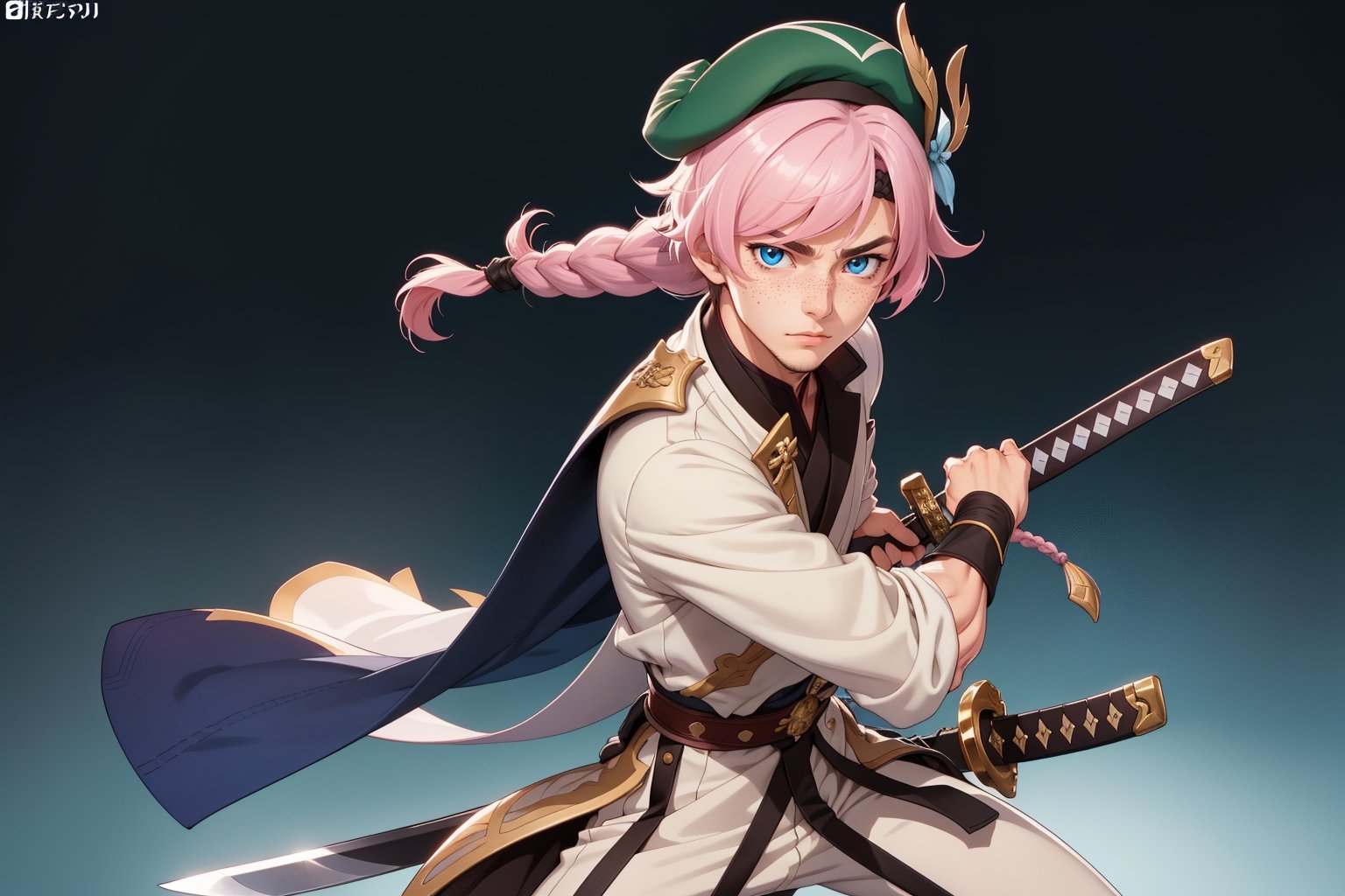  1 man, male face , braid pink hair, perfect male body posing with swords in hand, freckles face  , blue eyes  , kawaii ,ventidef, beret,venti (genshin impact),battoujutsu,