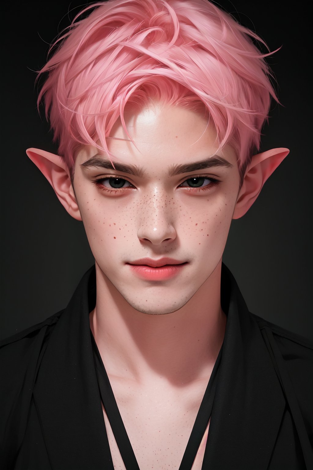  1 man, male face , short pink hair, twink body, freckles face , kawaii ,perfect light , elf ear,fantasy clothing,wrenchftmfshn,Completely_black_eyes,dark_sclera,empty eyes,black sclera , intense smile,