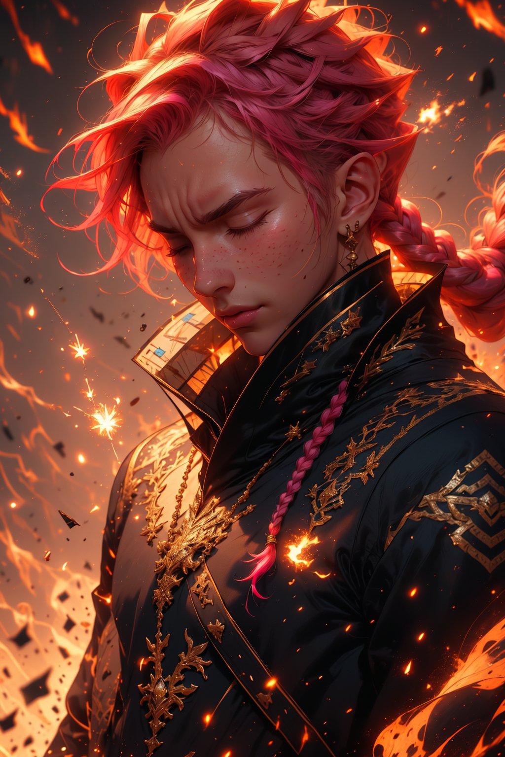  1 man, male face , braid pink hair, twink body, freckles face, ,closed eyes  , kawaii ,perfect light , elf ear,fantasy clothing,wrenchftmfshn,Light particles and spark,r1ge