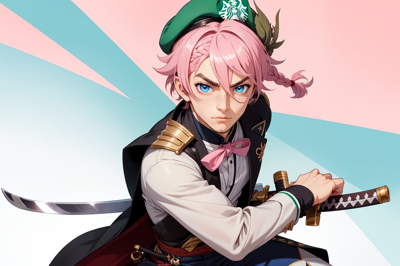  1 man, male face , braid pink hair, perfect male body posing with swords in hand, freckles face  , blue eyes  , kawaii ,ventidef, beret,venti (genshin impact),battoujutsu,