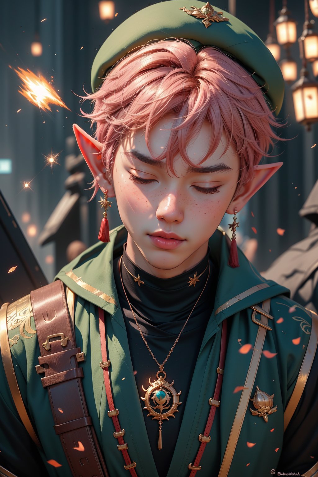 1 man, twink body, closed eyes,short pink hair, freckles face,   , kawaii  , elf ear ,A Asian man  , adorned with a sexy choker,wrenchftmfshn,fantasy clothing,Light particles  , ventidef, beret,venti (genshin impact) , harness, 