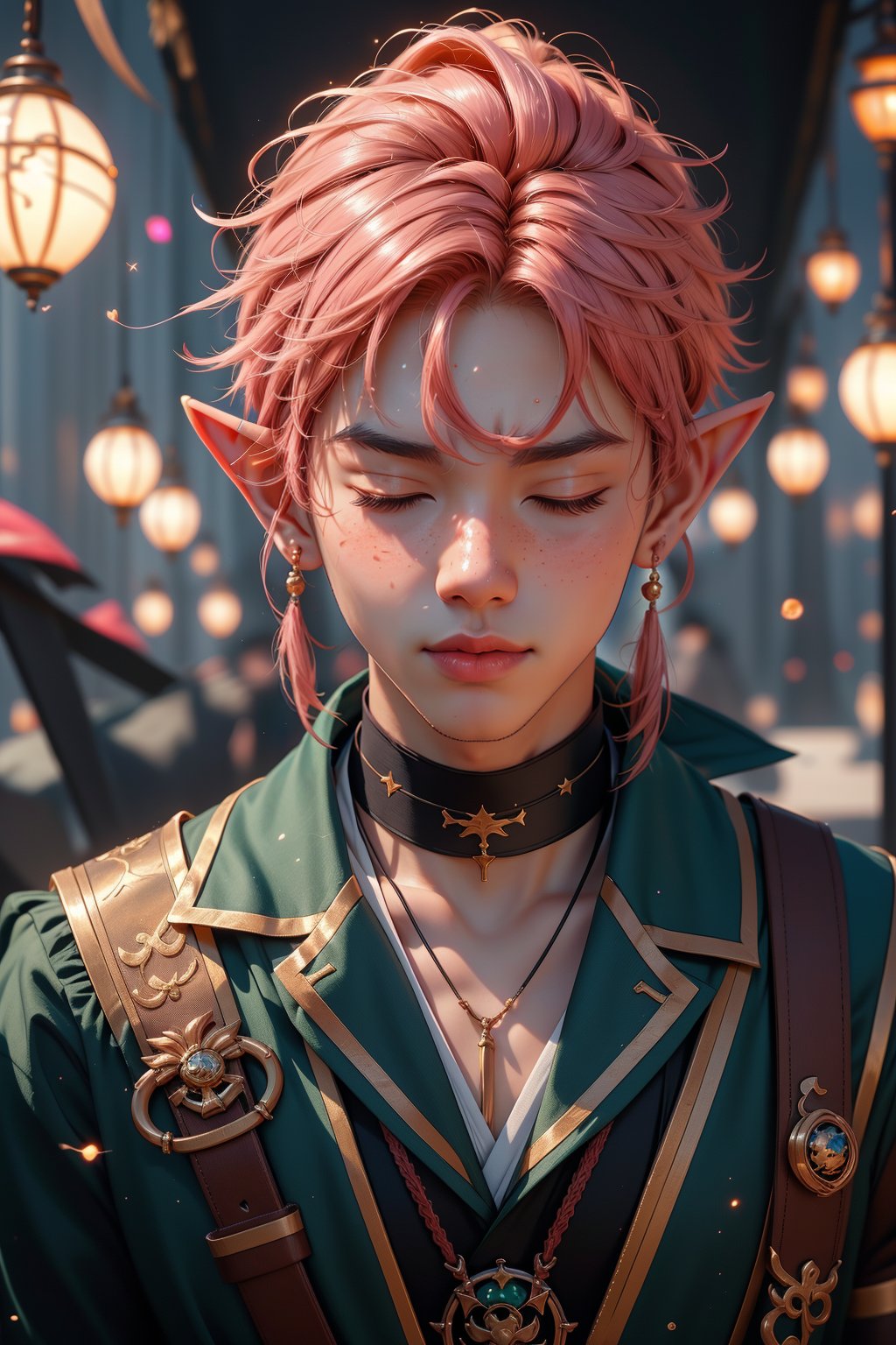 1 man, twink body, closed eyes,short pink hair, freckles face,   , kawaii  , elf ear ,A Asian man  , adorned with a sexy choker,wrenchftmfshn,fantasy clothing,Light particles  , ventidef, beret,venti (genshin impact) , harness, 