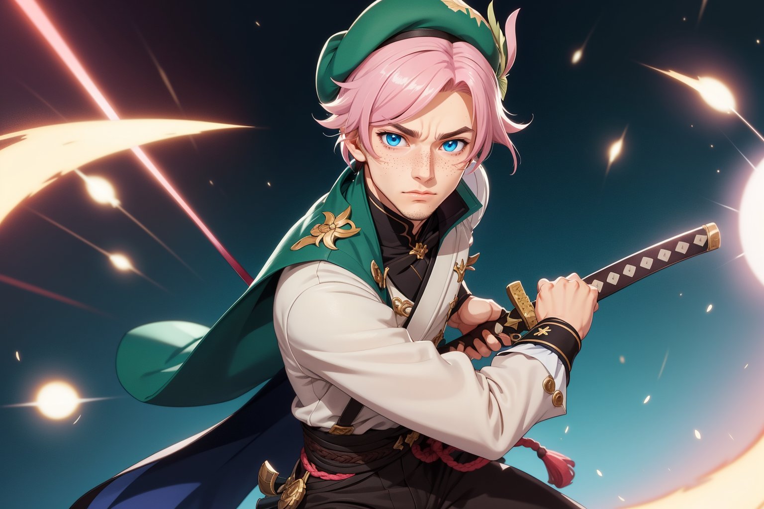  1 man, male face , braid pink hair, perfect male body posing with swords in hand, freckles face  , blue eyes  , kawaii ,ventidef, beret,venti (genshin impact),battoujutsu,