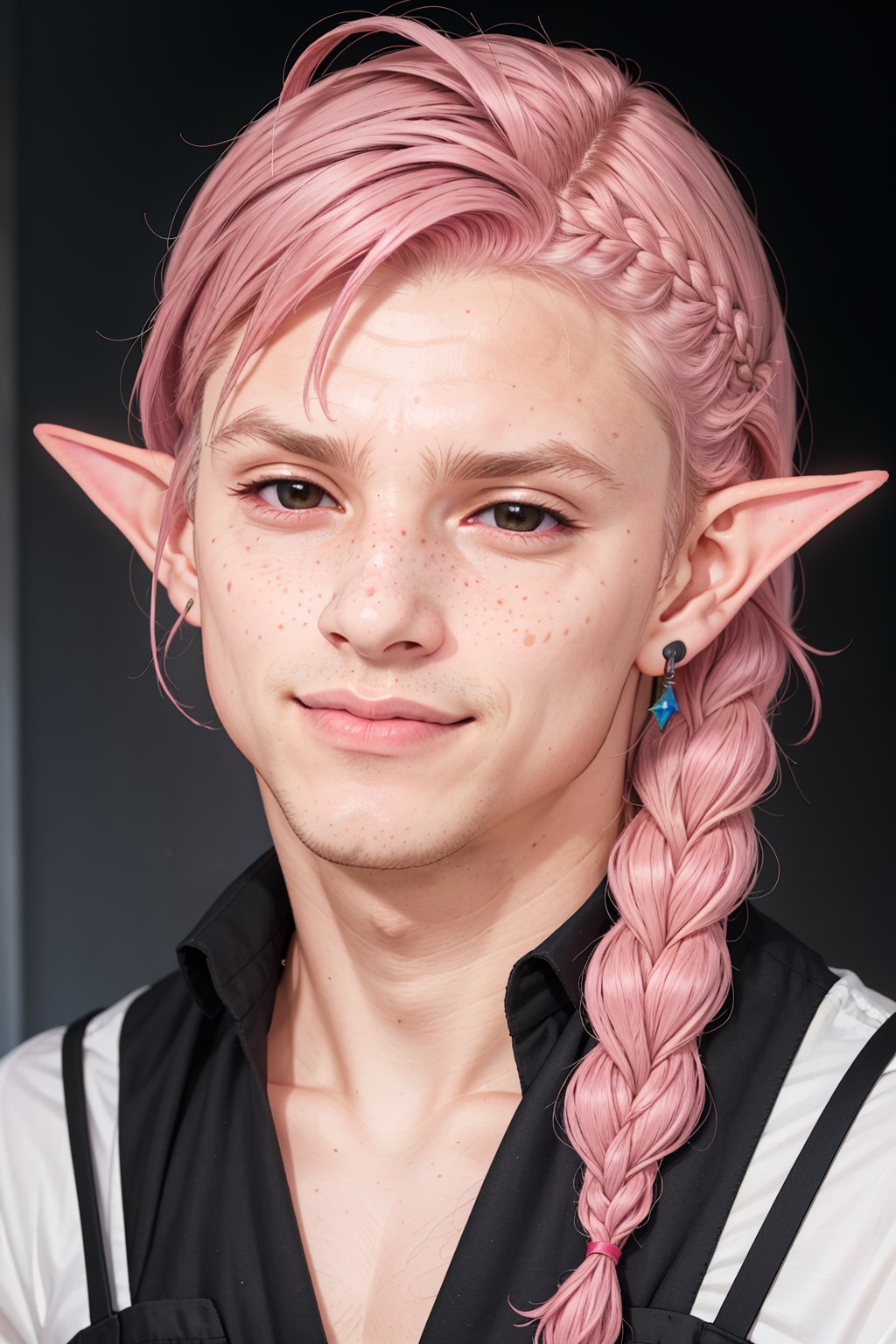  1 man, male face , braid pink hair, twink body, freckles face , kawaii ,perfect light , elf ear,fantasy clothing,wrenchftmfshn,Completely_black_eyes,dark_sclera,empty eyes,black sclera , intense smile