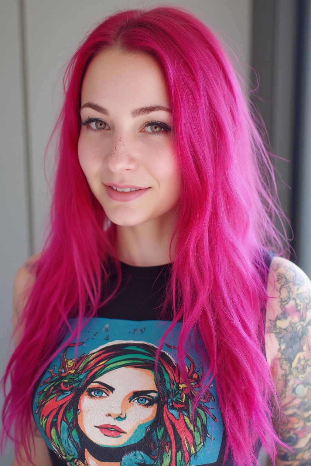 A close-up photo of Jana, a 30yo Su1c1de_G1rls woman from Germany with very long intense vibrant colored pink hair. She has a cute round face with freckles and smiles. She wears a tight fitted sleeveless top showing a colorful heavy metal Album cover art made from smooth stretch fabric. On her right arm and shoulder a large colorful dragon is tattooed.