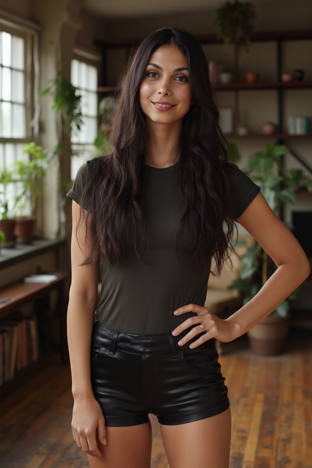 A full-body photo of Morena Baccarin, a 30yo woman with very long hair falling down over her shoulders.
She has a cute round face with freckles and smiles.
She is wearing a tight fitting t-shirt made from smooth stretch fabric and black leather shorts.
She stands on a rustic hardwood floor in an apartment with plants and bookshelves. 