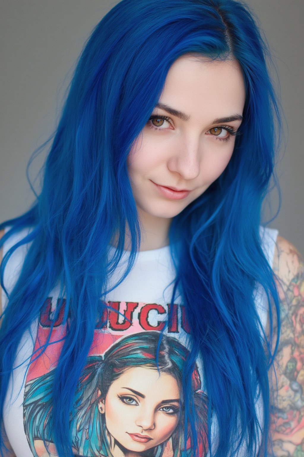 A close-up photo of Jana, a 30yo Su1c1de_G1rls woman from Germany with very long intense vibrant colored blue hair. She has a cute round face with freckles and smiles. She wears a tight fitted sleeveless top showing a colorful heavy metal Album cover art made from smooth stretch fabric. On her right arm and shoulder a large colorful dragon is tattooed.