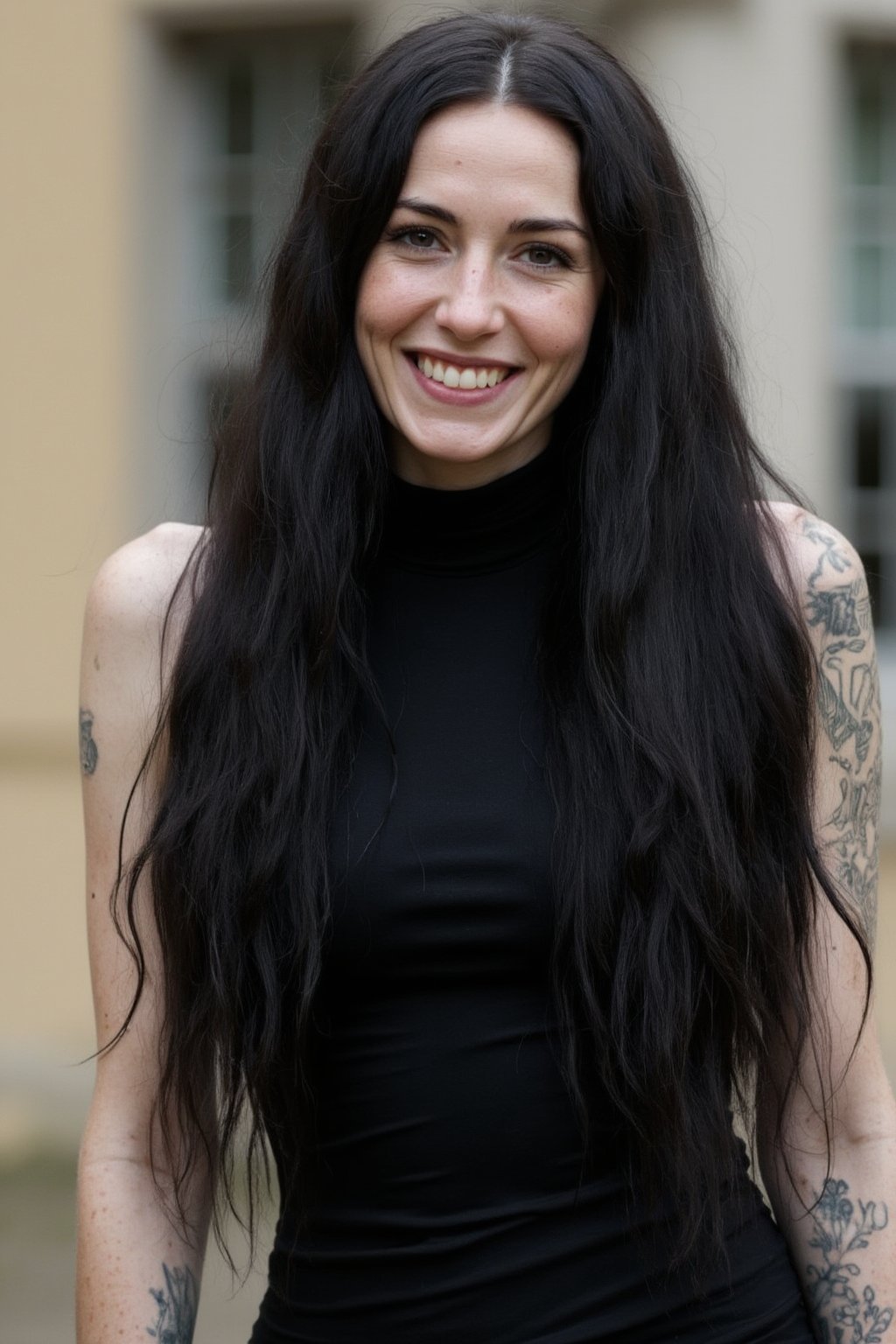 A 40yo goth with very long hair.
She has a cute round face with freckles and smiles.
She is wearing a tight fitting sleeveless black top made from smooth stretch fabric. 