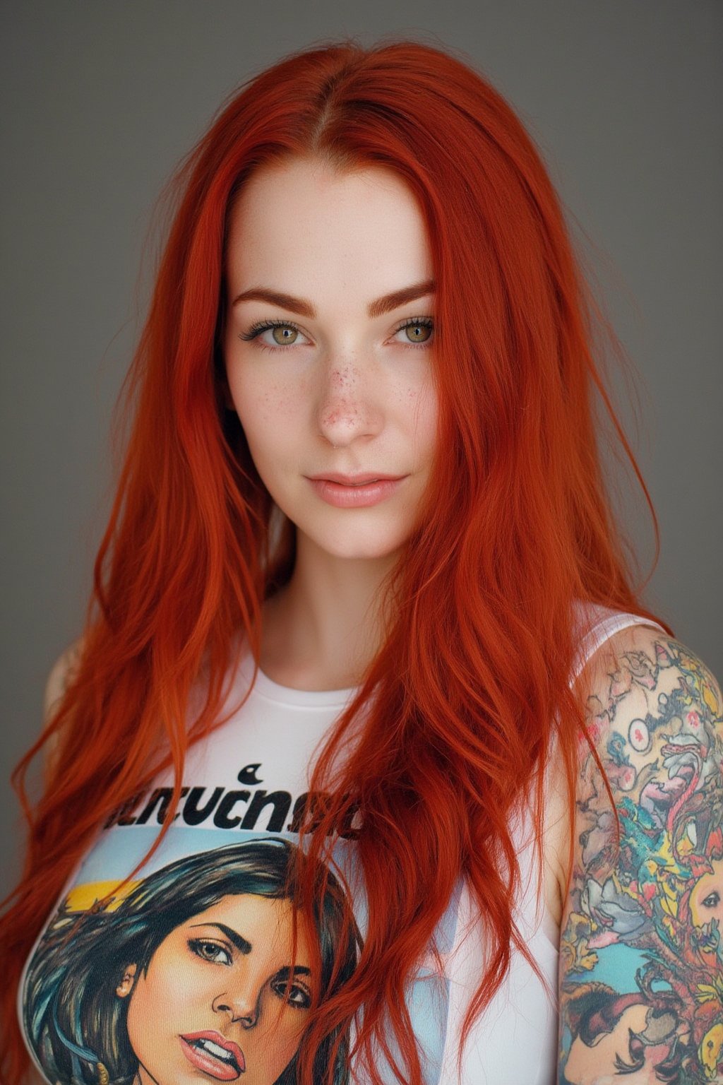 A close-up photo of Jana, a 30yo Su1c1de_G1rls woman from Germany with very long intense vibrant colored red hair. She has a cute round face with freckles and smiles. She wears a tight fitted sleeveless top showing a colorful heavy metal Album cover art made from smooth stretch fabric. On her right arm and shoulder a large colorful dragon is tattooed.