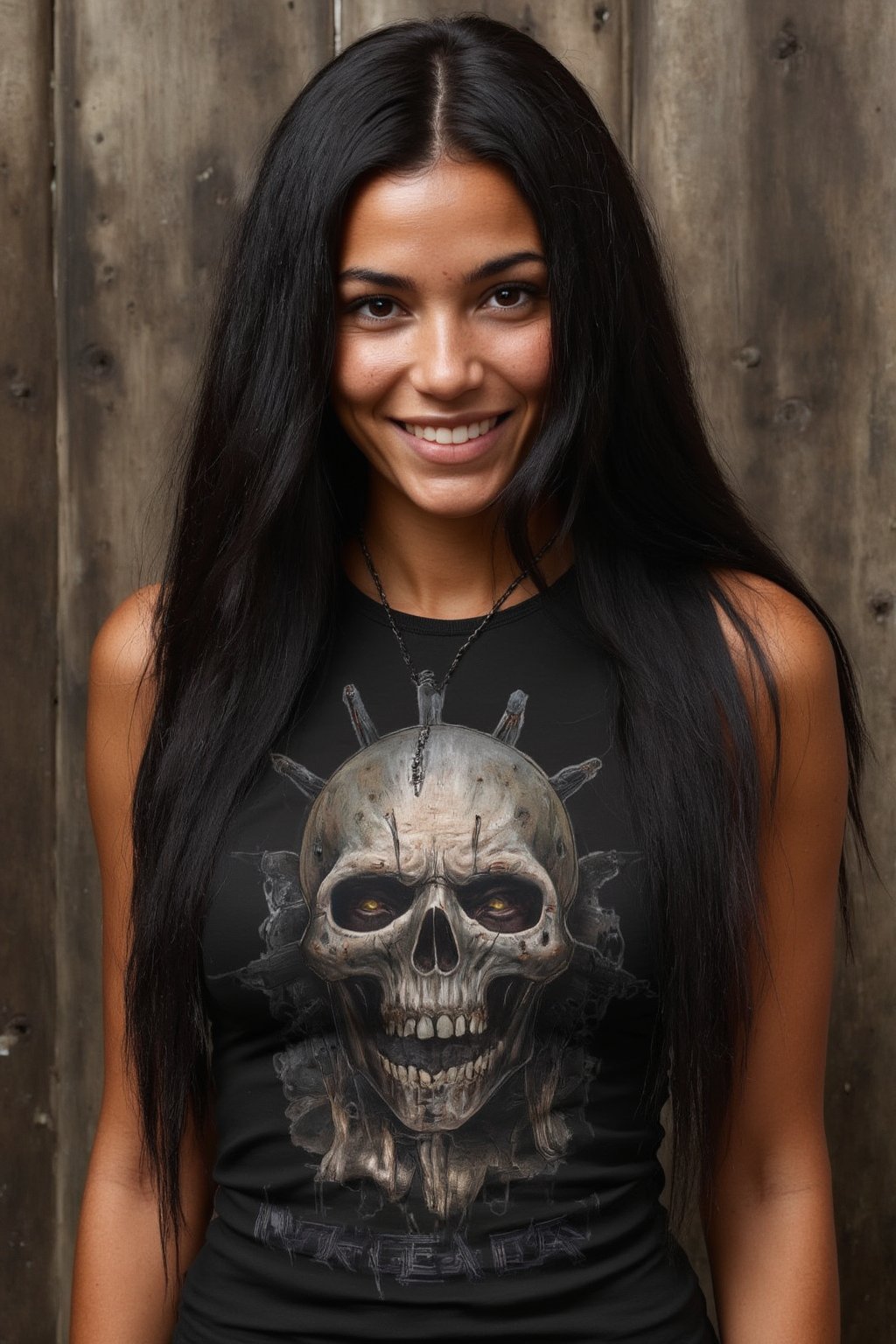 A 40yo Brazilian metalhead with very long hair.
She has a cute round face with freckles and smiles.
She is wearing a tight fitting sleeveless black top made from smooth stretch fabric showing an iron maiden print . 