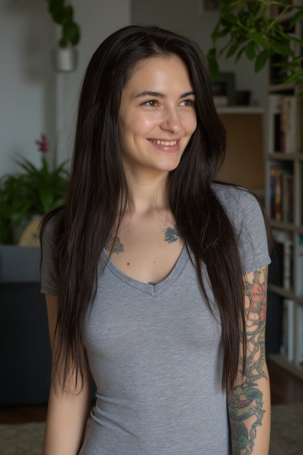 Close-up photograph of a 30yo polish woman with very long black hair falling down over her shoulders. The woman has a cute round face with freckles and smiles. The woman is wearing a skin-tight fitted light Grey t-shirt with short sleeves made from smooth stretch fabric. There are many colored tattoos of dragons and flowers on her arms, neck and collarbone. She is standing in an apartment with plants and book shelves. 