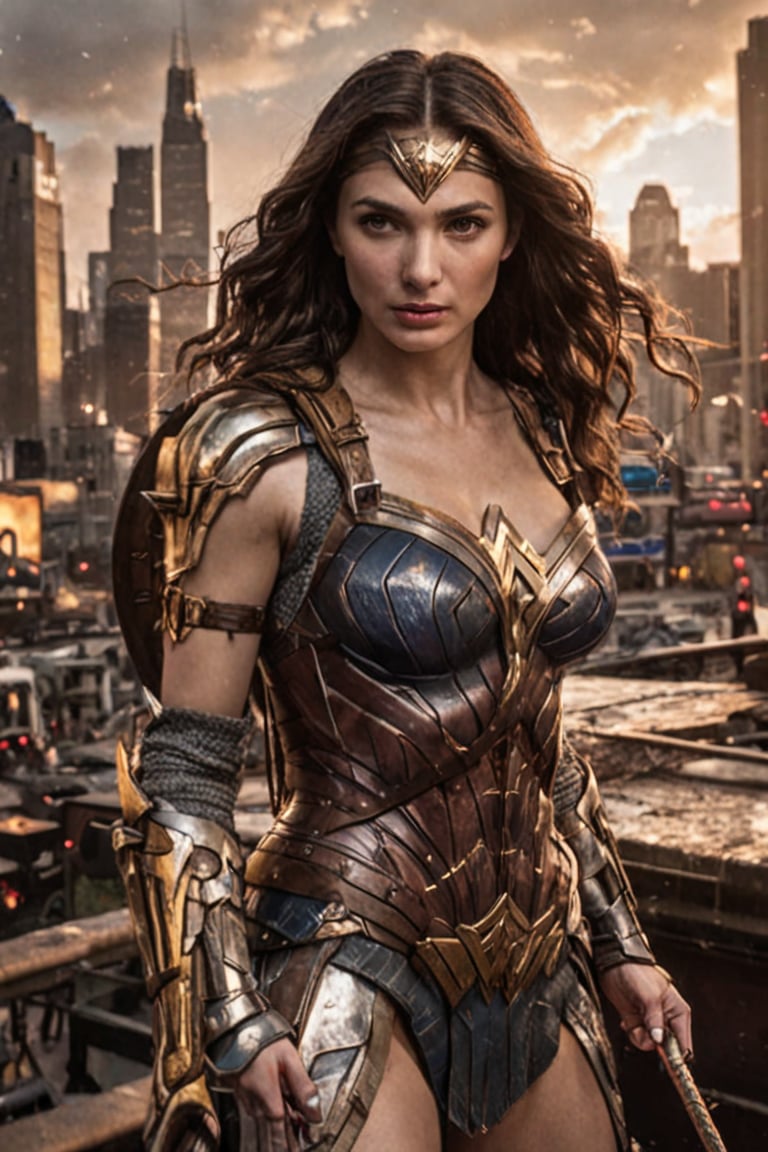 Create a breathtakingly hyper-realistic photograph of Gal Gadot as Wonder Woman, standing confidently amidst a bustling cityscape. She is adorned in her iconic armor, which gleams under the bright city lights, showcasing the intricate details of her breastplate and gauntlets. Her long, dark hair flows elegantly in the breeze, framing her striking features and emphasizing her fierce, determined expression.

Wonder Woman's piercing brown eyes scan the crowd, reflecting strength and compassion as she stands ready to protect those around her. In one hand, she holds her legendary Lasso of Truth, shimmering with golden light, while her other hand rests on her beautifully crafted shield, poised for action.

The backdrop is alive with the energy of the city: skyscrapers reaching towards the sky, colorful billboards illuminating the streets, and people bustling by, unaware of the powerful guardian among them. The scene captures a moment of intensity and purpose, blending the extraordinary with the everyday.

Every detail of her skin, the textures of her armor, and the nuances of her expression are rendered with hyper-realistic precision, creating a vivid portrayal of Gal Gadot's Wonder Woman as she embodies strength, beauty, and grace in the heart of a dynamic metropolis. This is not just a design or an illustration; it is a stunningly realistic photograph that showcases the superheroine standing tall in a modern world, ready to take on any challenge.

