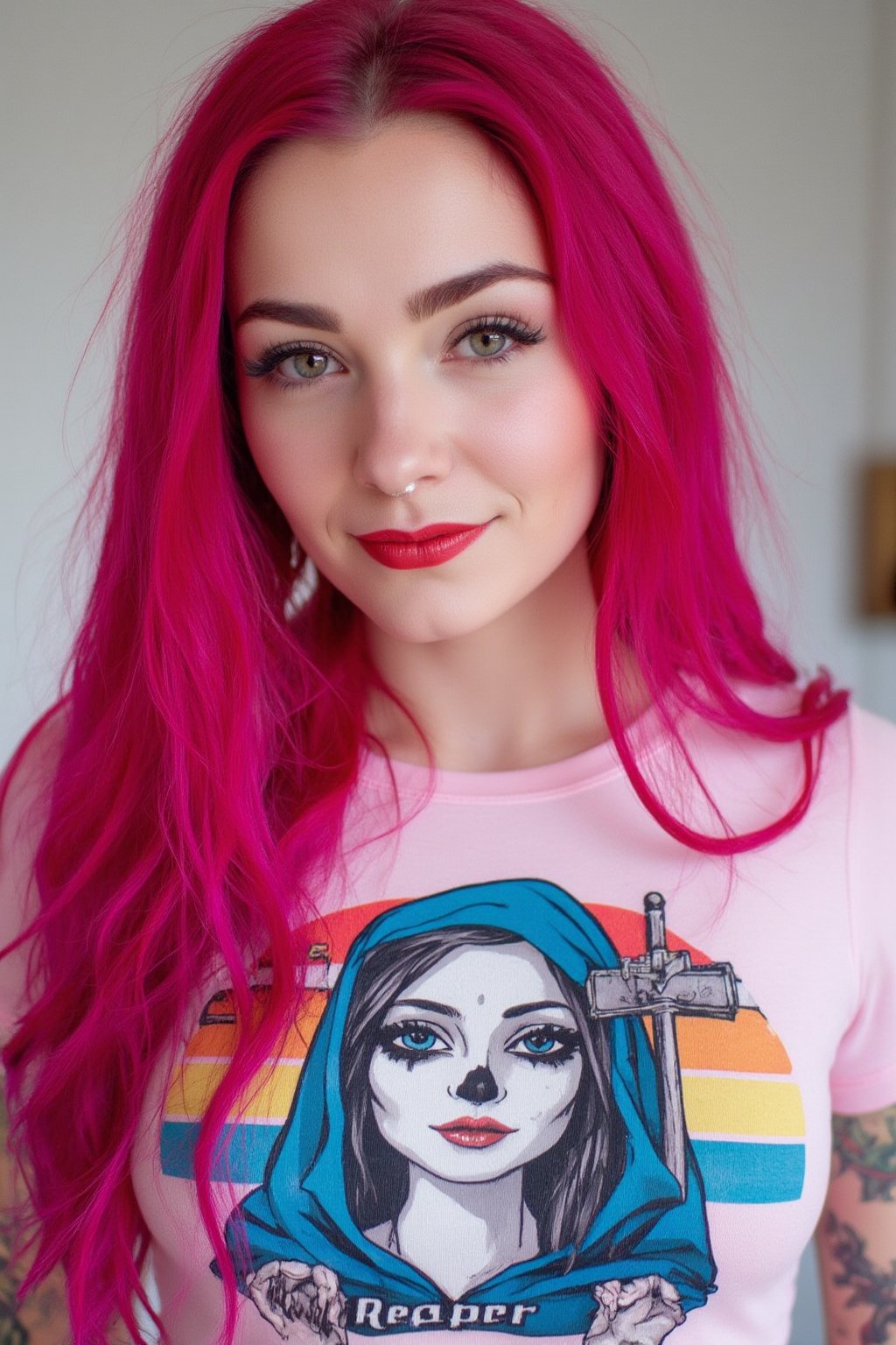 A close-up photo of a 30yo Su1c1de_G1rls woman with very long intense vibrant pink colored hair. She has a cute round face with freckles, body covered in tattoos, red lipstick, striking blue eyes, and smiles. She is wearing a skin-tight fitted graphic T-shirt made from smooth stretch fabric with a cute and nerdy colorful grim Reaper design.