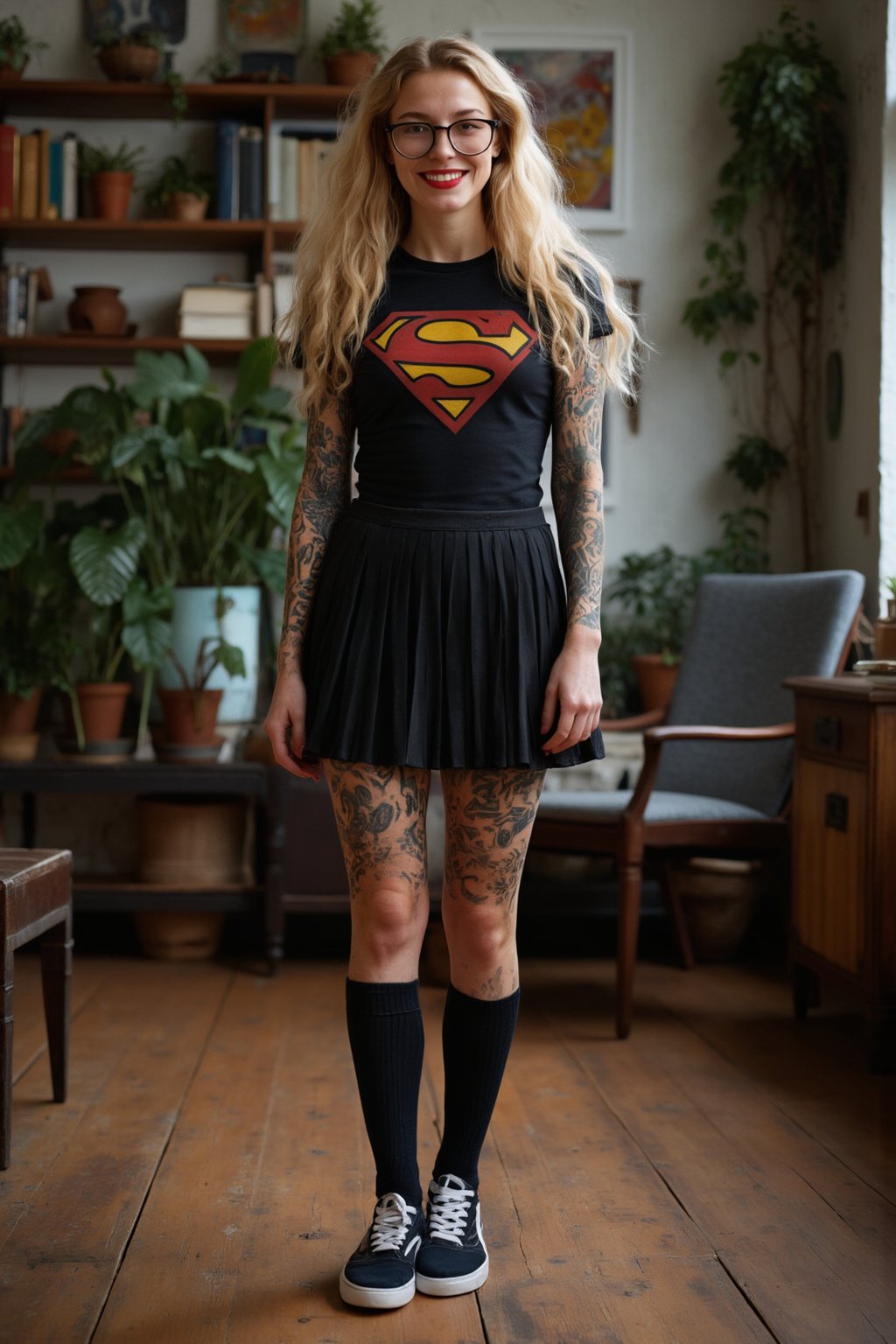 A full-body photo of Jana, a 30yo Nordic woman from Germany with very long natural blonde hair.
She has a cute round face with freckles, body covered in tattoos, red lipstick, red painted nails, and smiles.
She is wearing a skin-tight fitted graphic black T-shirt with a vintage superhero logo made from smooth stretch fabric, a pleated skirt, and oversized glasses, paired with knee-high socks and sneakers.
She stands on a rustic hardwood floor in an apartment with plants and bookshelves in natural daylight lighting conditions. 