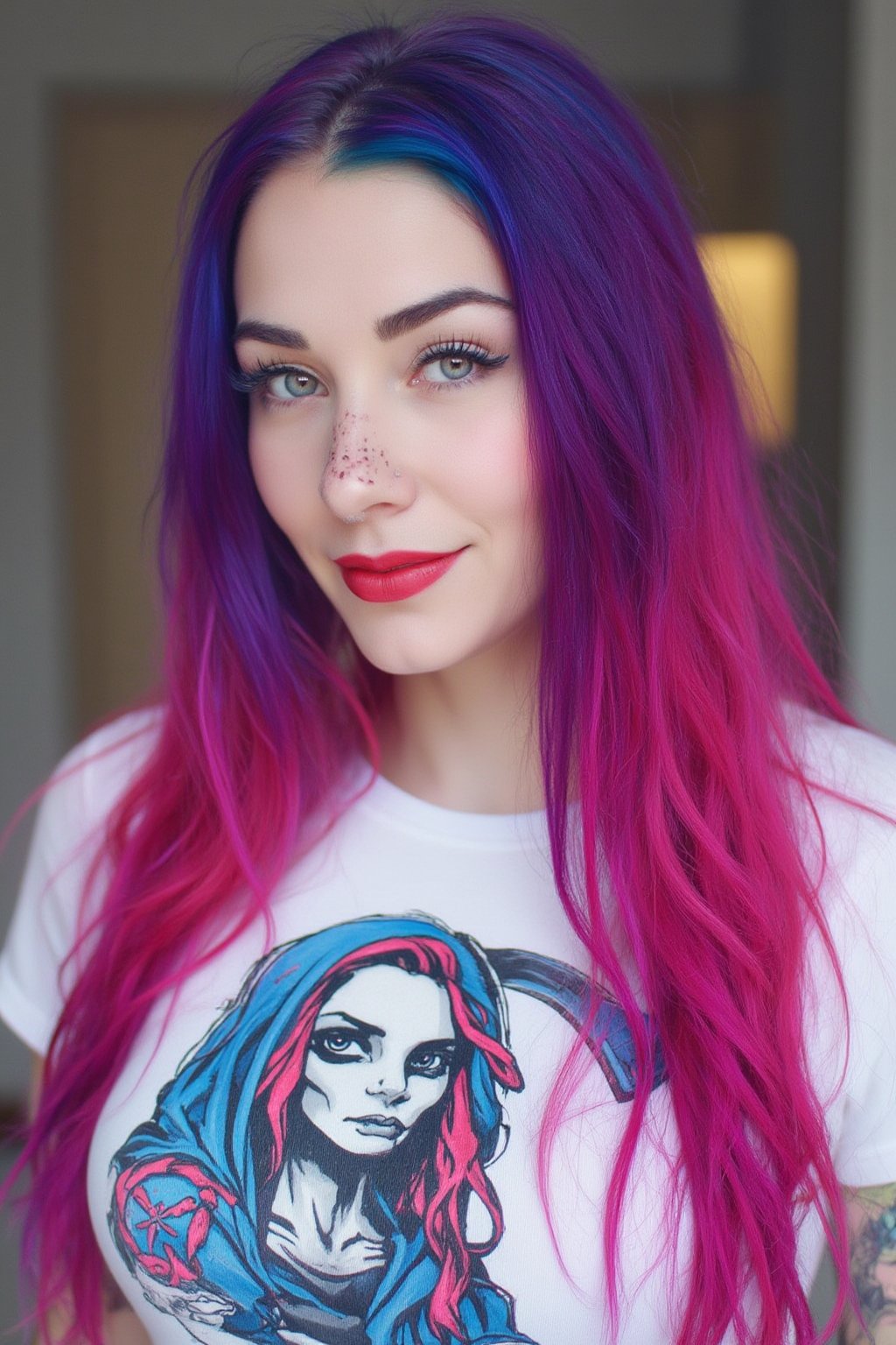 A close-up photo of a 30yo Su1c1de_G1rls woman with very long intense vibrant purple and pink colored hair. She has a cute round face with freckles, body covered in tattoos, red lipstick, striking blue eyes, and smiles. She is wearing a skin-tight fitted graphic T-shirt made from smooth stretch fabric with a cute and nerdy colorful grim Reaper design.