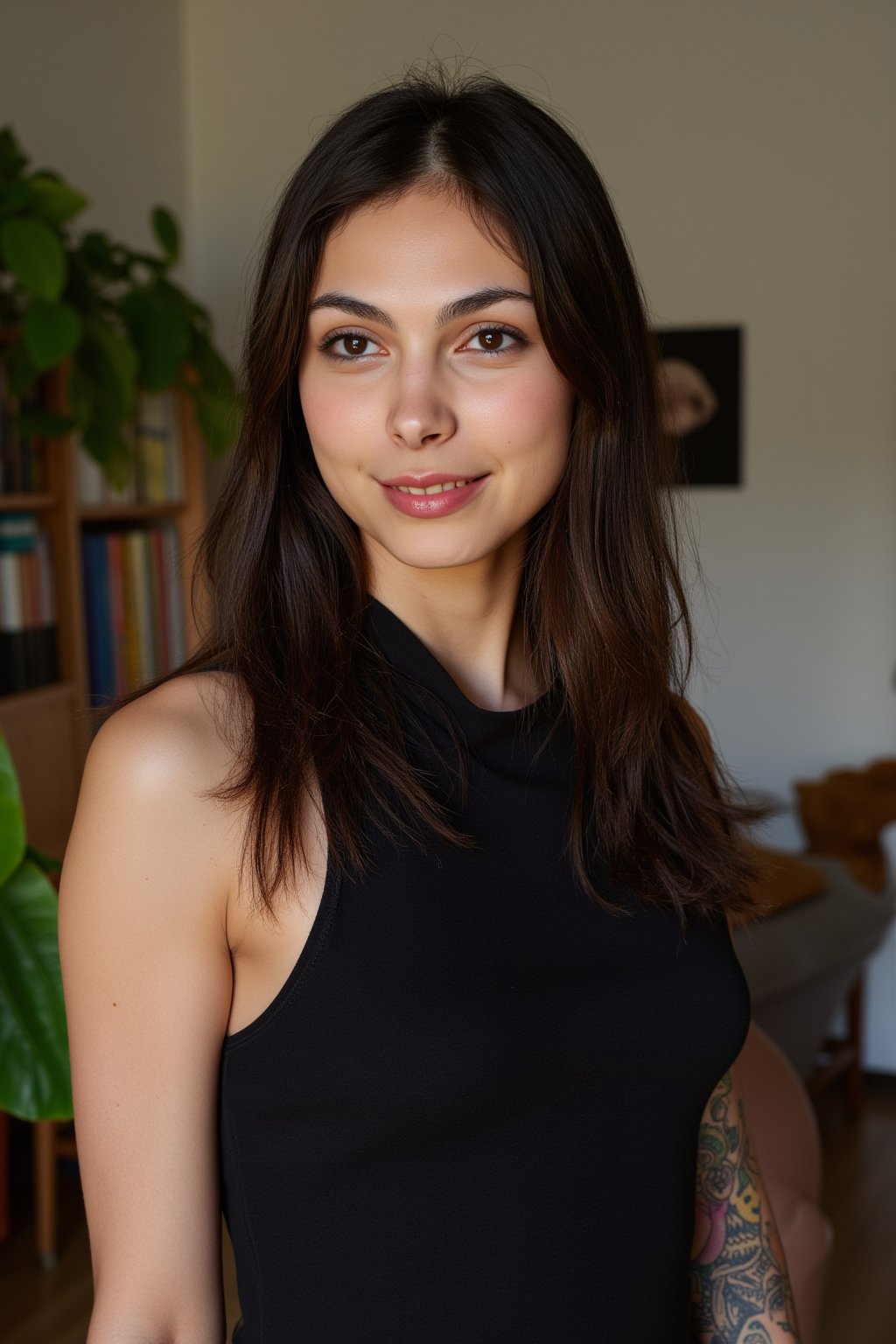 Close-up photograph of  Morena Baccarin with very long hair falling down over her shoulders. She has a cute round face with freckles and smiles. She wears a tight fitted elegant short black dress. There are many colored tattoos on her arms and neck. She is standing in an apartment with plants and book shelves.