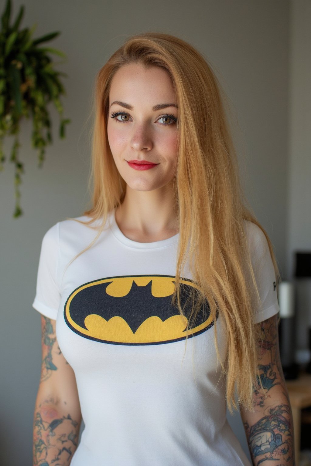 A close-up photo of a 30yo Su1c1de_G1rls woman with very long blonde hair. She has a cute round face with freckles, body covered in tattoos, red lipstick, red painted nails, and smiles. She is wearing a skin-tight fitted graphic T-shirt made from smooth stretch fabric with a yellow Batman logo. 