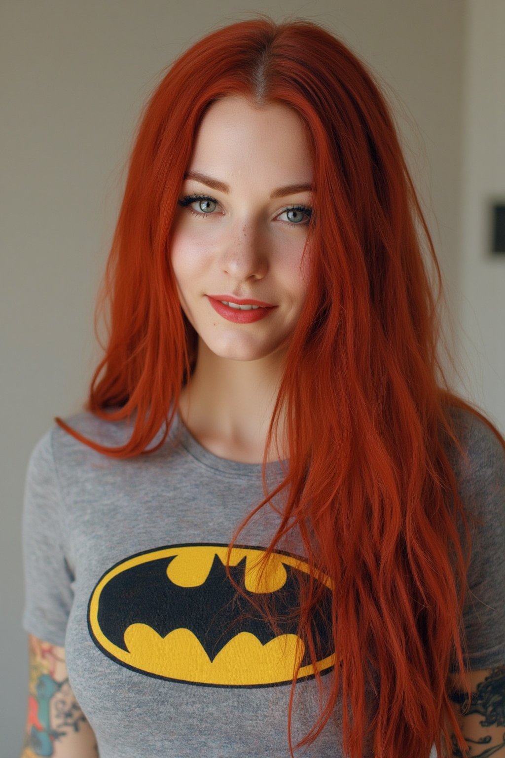 A close-up photo of a 30yo Su1c1de_G1rls woman with very long intense vibrant red colored hair. She has a cute round face with freckles, body covered in tattoos, red lipstick, striking blue eyes, and smiles. She is wearing a skin-tight fitted graphic T-shirt made from smooth stretch fabric with a yellow Batman logo. 