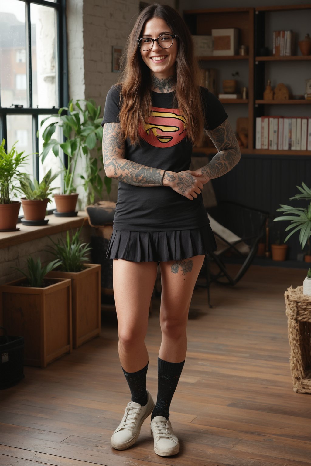 A full-body photo of Jana, a 40yo woman with very long  hair.
She has a cute round face with freckles, body covered in tattoos, and smiles.
She is wearing a skin-tight fitted graphic T-shirt with a vintage superhero logo made from smooth stretch fabric, a pleated skirt, and oversized glasses, paired with knee-high socks and sneakers.
She stands on a rustic hardwood floor in an apartment with plants and bookshelves in natural daylight lighting conditions. 