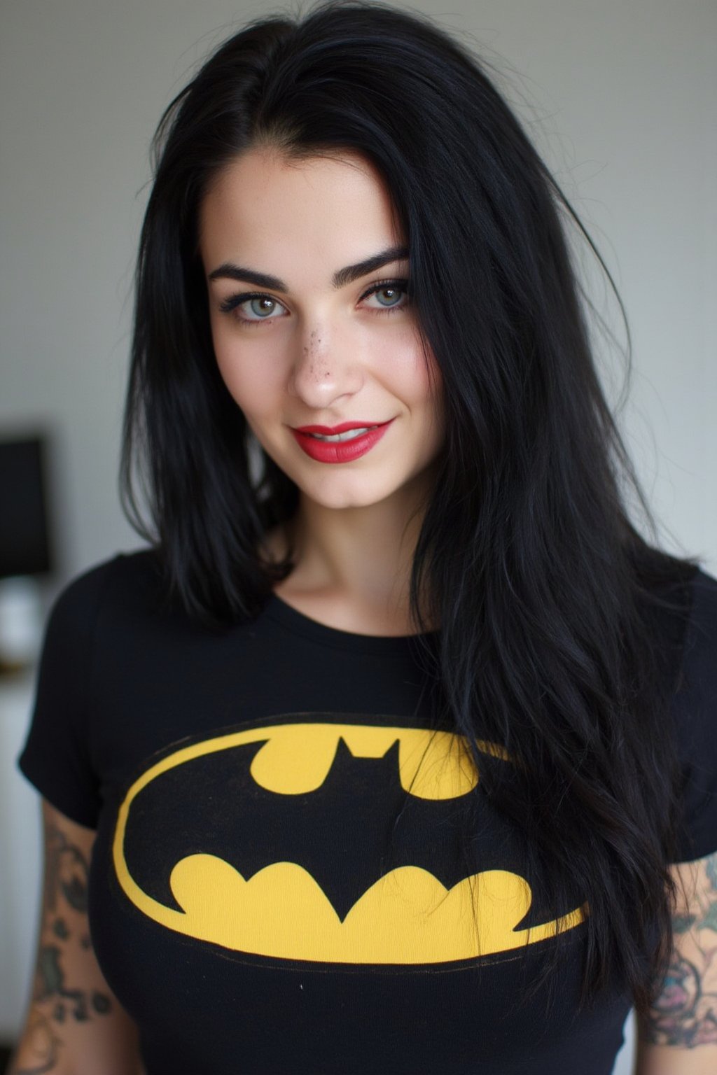 A close-up photo of a 30yo Su1c1de_G1rls woman with very long deep black hair. She has a cute round face with freckles, body covered in tattoos, red lipstick, striking blue eyes, and smiles. She is wearing a skin-tight fitted graphic T-shirt made from smooth stretch fabric with a yellow Batman logo. 