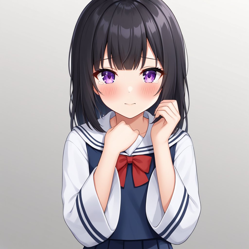 A solo girl with long black hair and purple eyes, looking directly at the viewer. She has bangs, a blush on her cheeks, and tears in her eyes. She wears an open jacket over a collared shirt with wide sleeves and a sailor collar, a frilled pleated skirt, and pointy footwear. Her hands are up, and she stands against a simple white background, with soft lighting emphasizing her emotional state. The framing highlights her upper body, capturing her vulnerable expression.