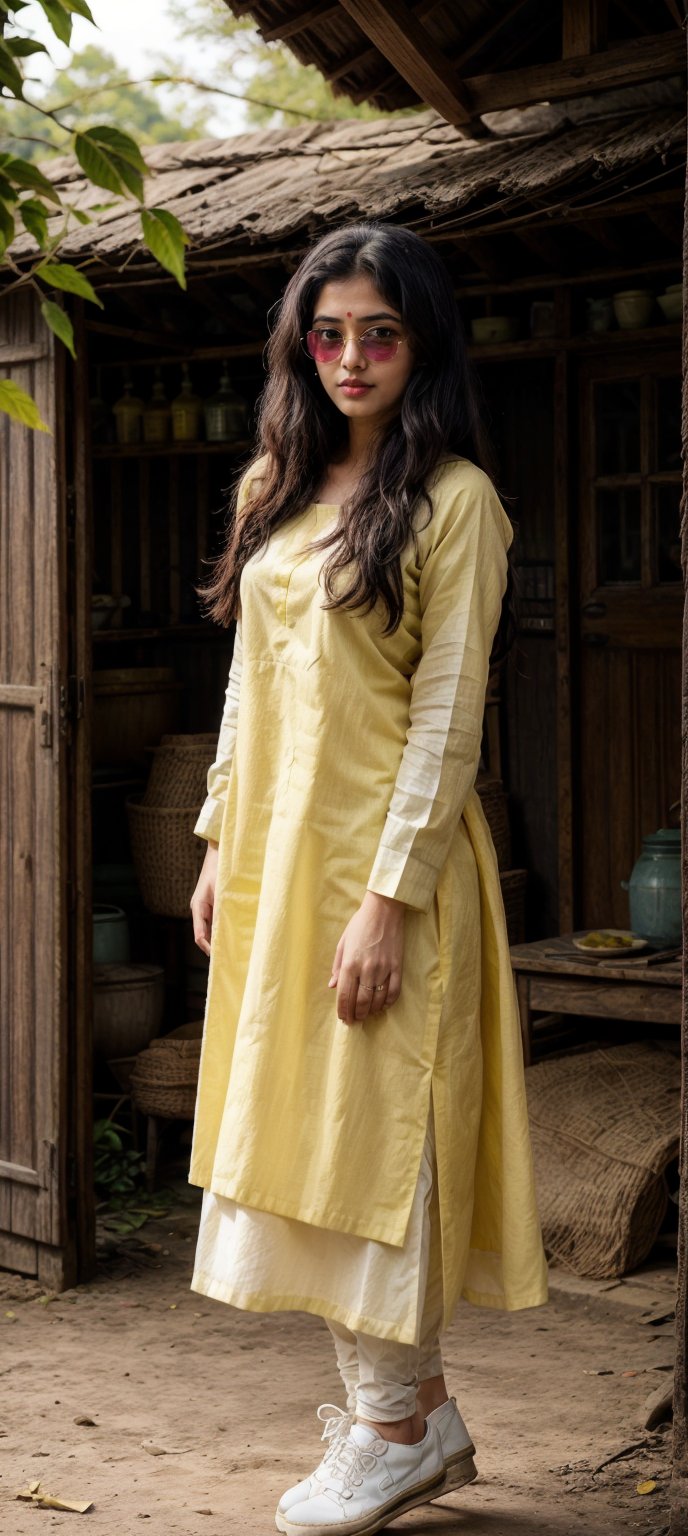 Lovely cute young attractive indian  girl, 20 years old, cute long black_hair,  black  hair,  They are wearing a  pink , patterned yellow kurta and yellow salwar, black sunglass , white shoes. village farm