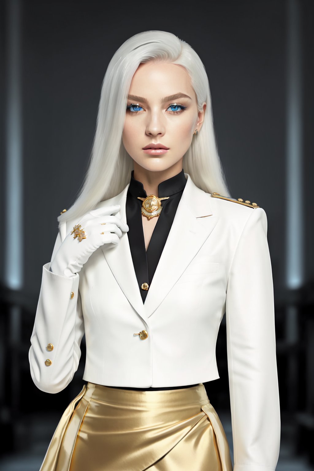 Pretty and intimidating girl. She wears a very elegant black military dress (white shirt, blazer, skirt, white gloves, gold cloth shoulder pad, military plate cap). She is a very elegant and dominant girl. Hyperdetailing masterpiece, hyperdetailing skin, masterpiece quality, with 4k resolution. Long hair, himecut hairstyle, silver hair. Mansion in background. She belongs to the nobility. cold and dominant gaze, masterpiece, best quality, incredibly absurdres. bright blue eyes shining brightly.,Lightning,Fox