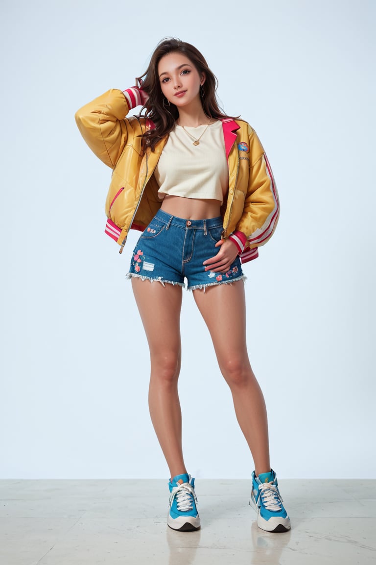 Adorable woman, wearing  shirt and jacket, more_than_one_pose , full body shot, masterpiece, hyper details, intricate details, beautiful shorts,score_9, score_8_up, score_8,,score_7_up,